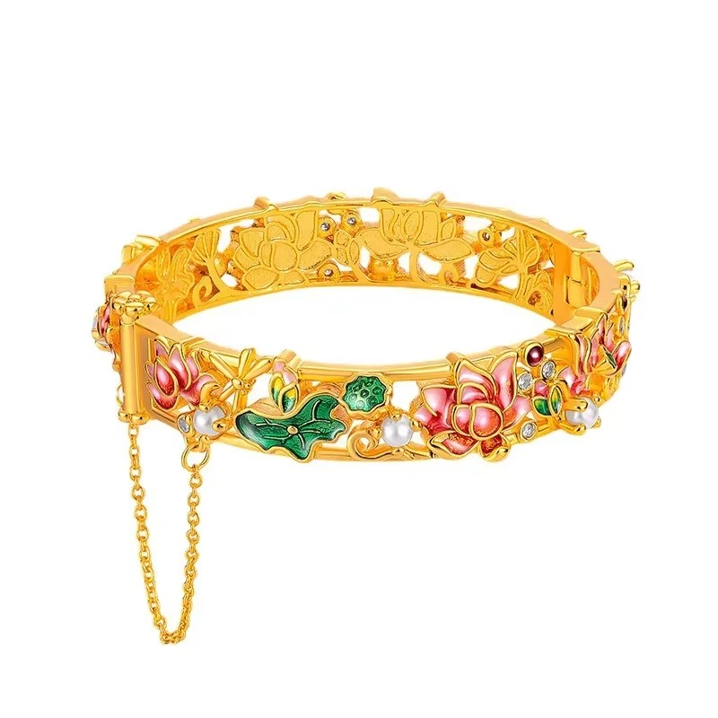 24K Yellow Gold 9999 Real Ethnic Enamel Lotus Bracelet, Lotus Buckle, Spacious Fit