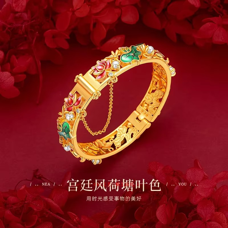 24K Yellow Gold 9999 Real Ethnic Enamel Lotus Bracelet, Lotus Buckle, Spacious Fit