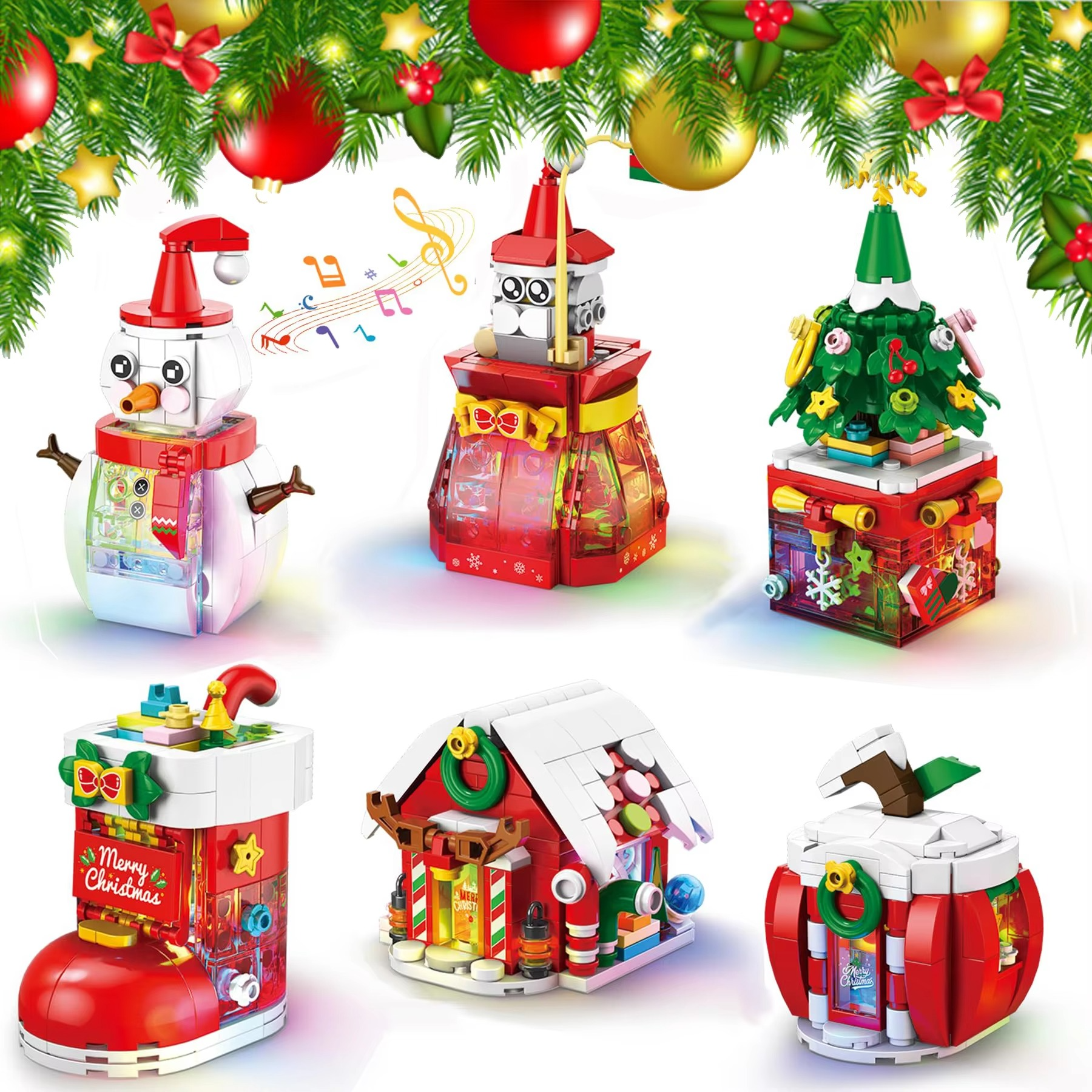 6pcs Christmas Building Set with Lights Music Santa Gift Bag Snowman Xmas Tree Stockings Apple House Winter Cottage STEM Toys