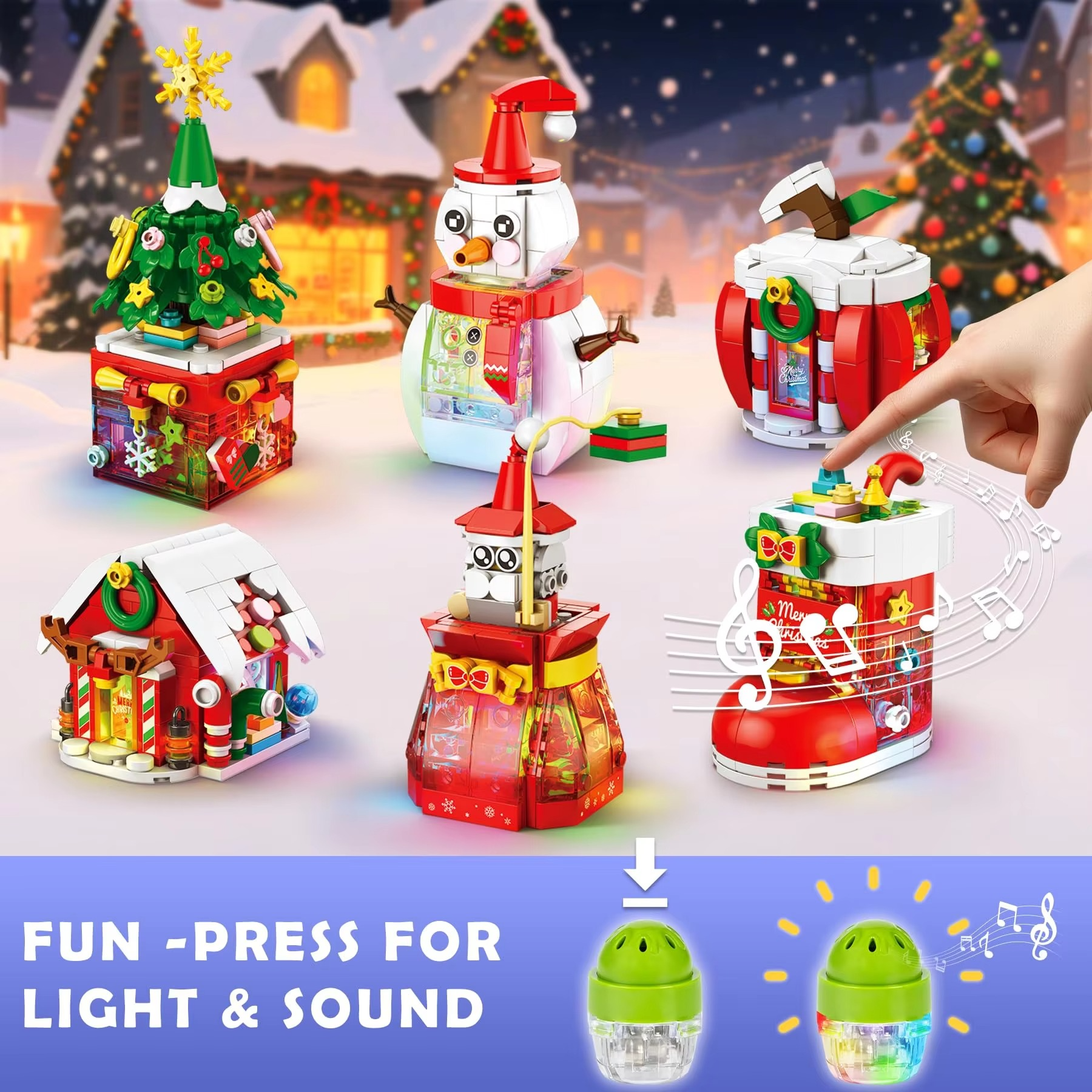 6pcs Christmas Building Set with Lights Music Santa Gift Bag Snowman Xmas Tree Stockings Apple House Winter Cottage STEM Toys