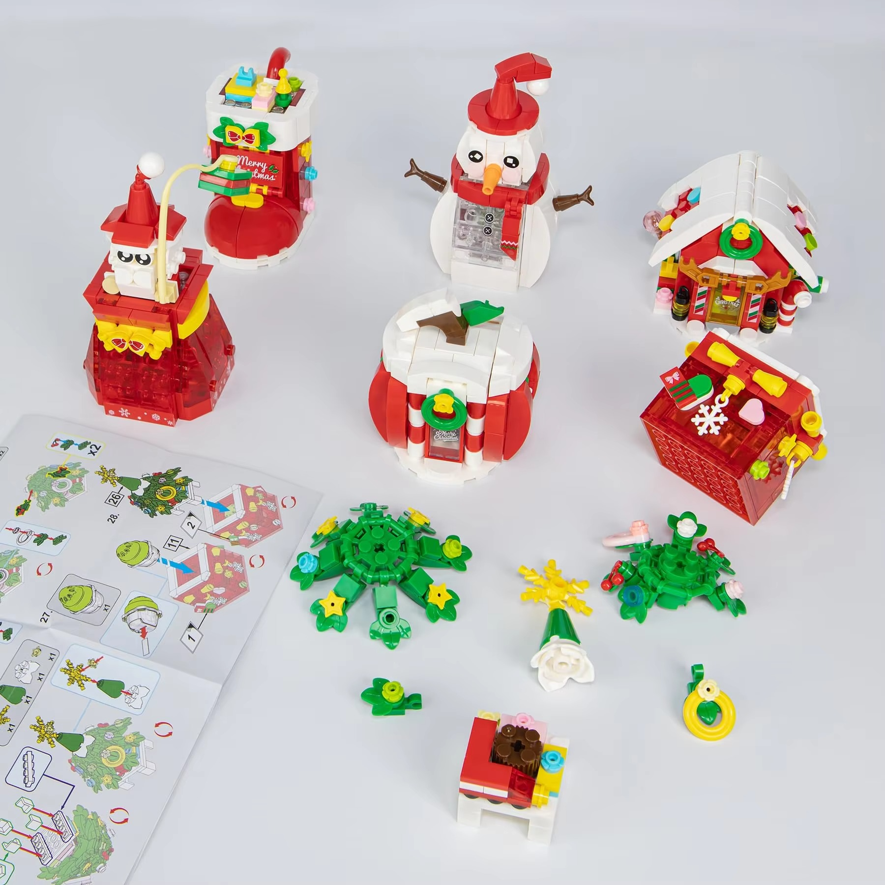 6pcs Christmas Building Set with Lights Music Santa Gift Bag Snowman Xmas Tree Stockings Apple House Winter Cottage STEM Toys