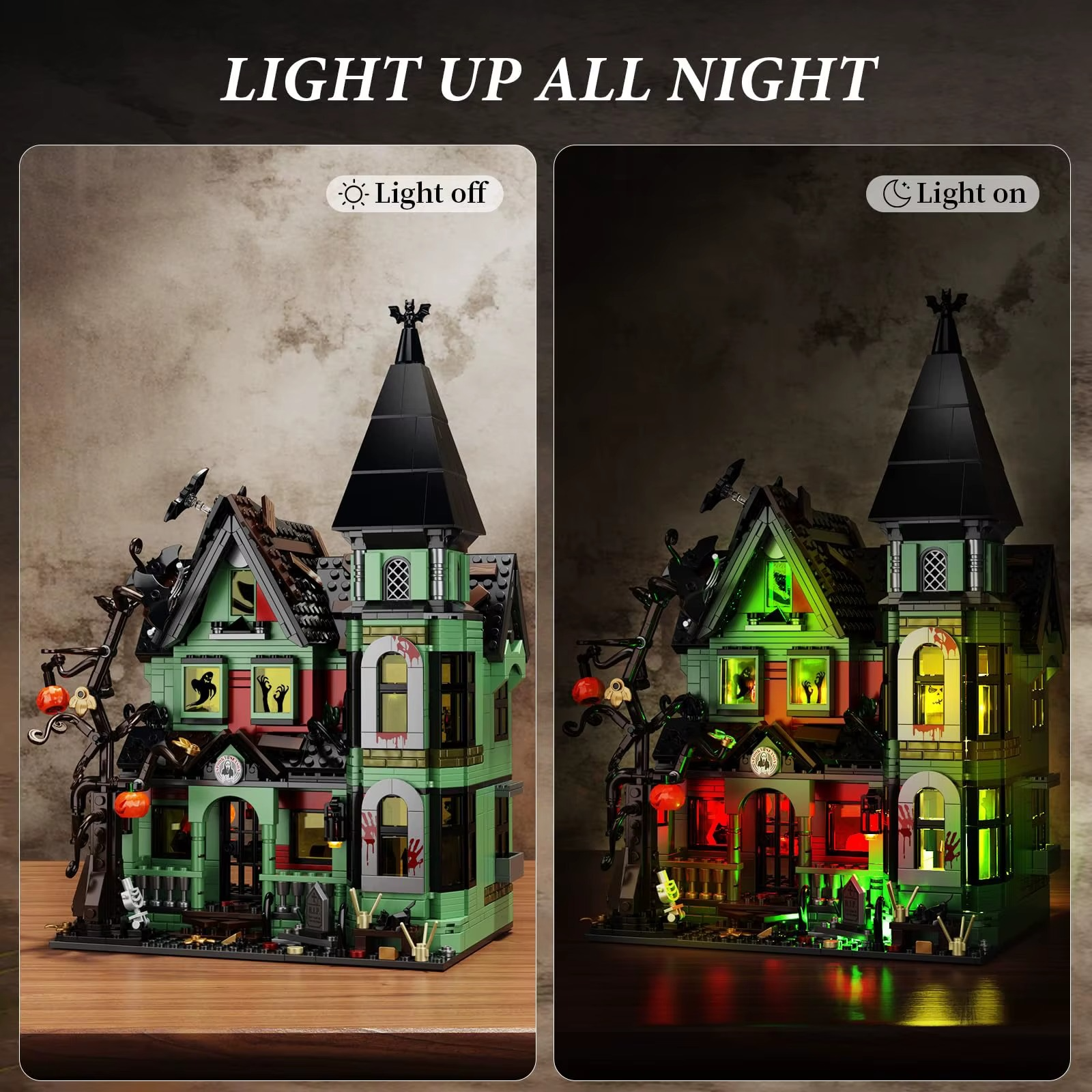 Haunted House Building Block Set Ideas Halloween Holiday Architecture Style Model Toys with Lighting Kit Christmas Gifs