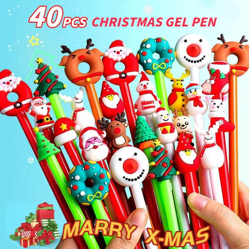 40Pcs/Lot Kawaii Christmas Gel Pen 0.5mm Black Ink Cute Christmas Tree Elk Santa Snowmen Neutral Pen School Stationary Kids Gift