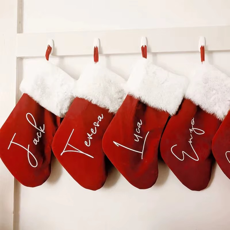Personalized Name Red Plush Christmas Stocking Merry Xmas Eve Holiday Party Home Decoration Supplies Kid Girl Boy Gifts Toy Bag