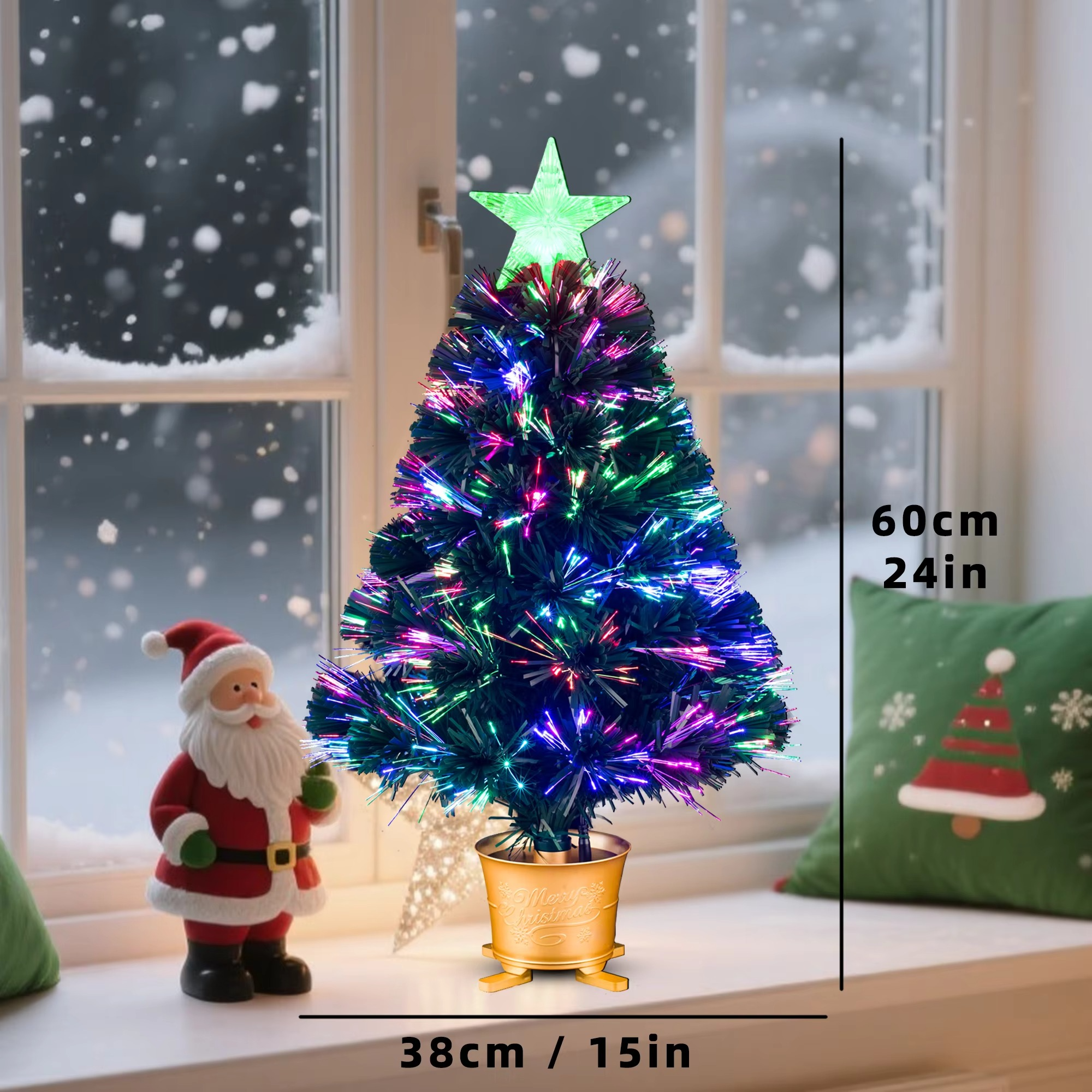 Mini Fiber Optic Tabletop Artificial Christmas Tree with color changing star tree topper, Green, Pre-lit, Xmas Tree, 24 inch