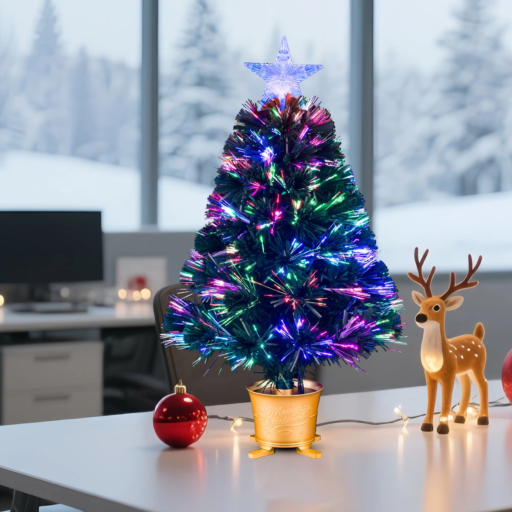 Mini Fiber Optic Tabletop Artificial Christmas Tree with color changing star tree topper, Green, Pre-lit, Xmas Tree, 24 inch