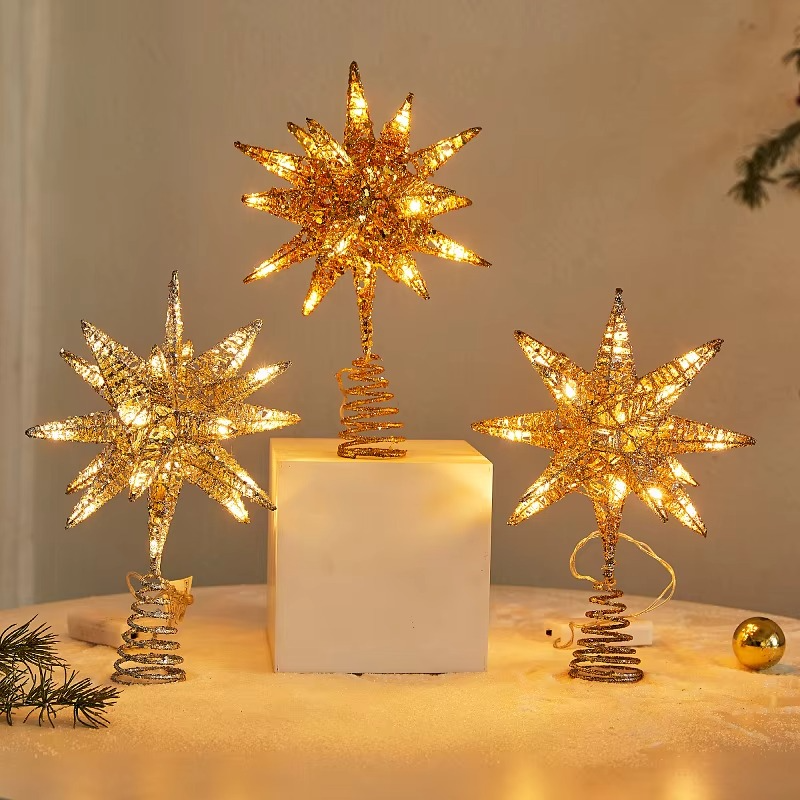 1pc Christmas Tree Topper With Lights, 18-Pointed Star, Xmas Treetop Star Ornaments, Christmas Tree Iron Hat Star