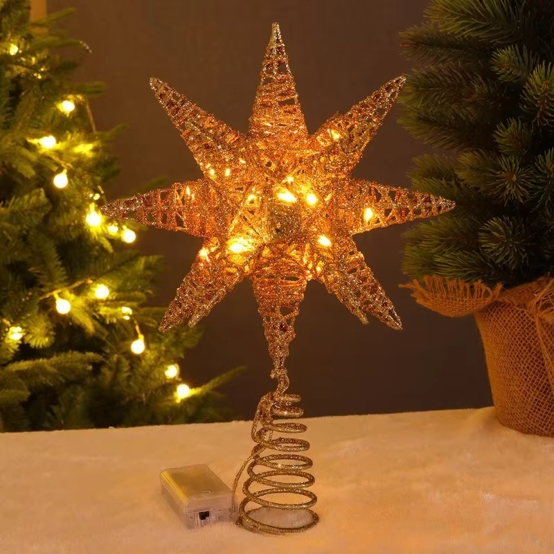 1pc Christmas Tree Topper With Lights, 18-Pointed Star, Xmas Treetop Star Ornaments, Christmas Tree Iron Hat Star