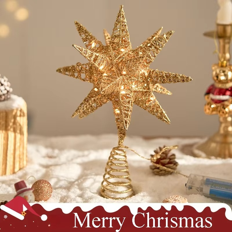 1pc Christmas Tree Topper With Lights, 18-Pointed Star, Xmas Treetop Star Ornaments, Christmas Tree Iron Hat Star