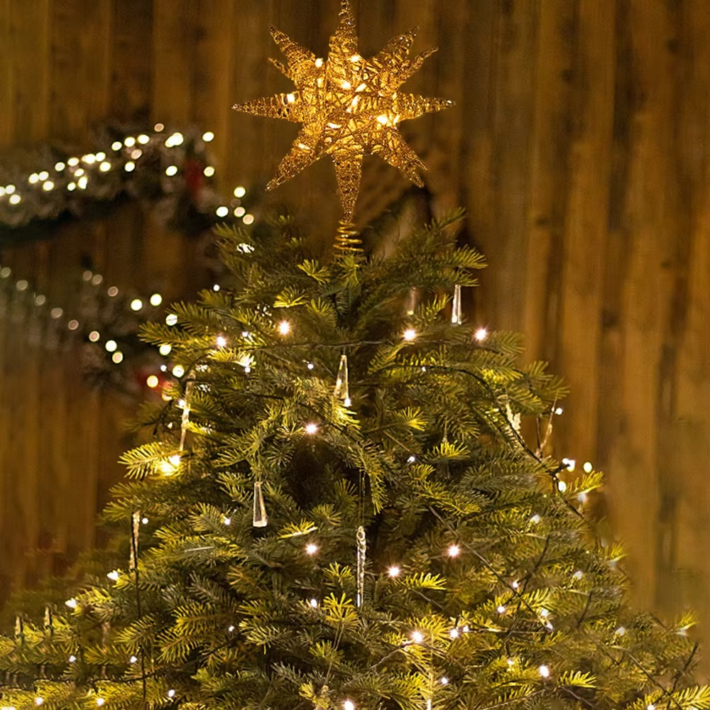 1pc Christmas Tree Topper With Lights, 18-Pointed Star, Xmas Treetop Star Ornaments, Christmas Tree Iron Hat Star