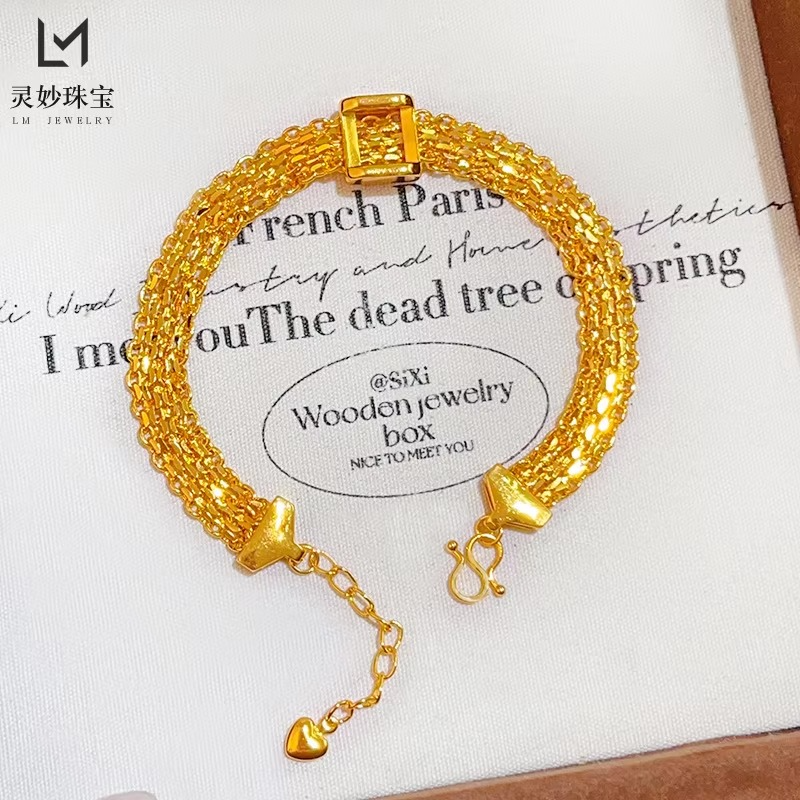 9999 24K Real Gold Shop Same Style Women's Gold Bracelet Lace Square Strap Gift Luxury Beautiful Jewelry