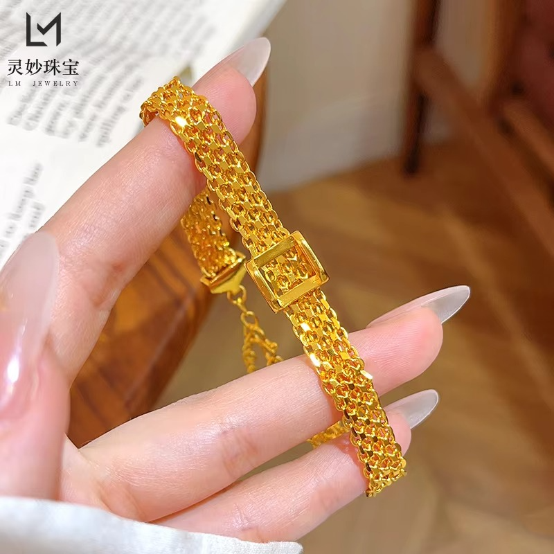 9999 24K Real Gold Shop Same Style Women's Gold Bracelet Lace Square Strap Gift Luxury Beautiful Jewelry