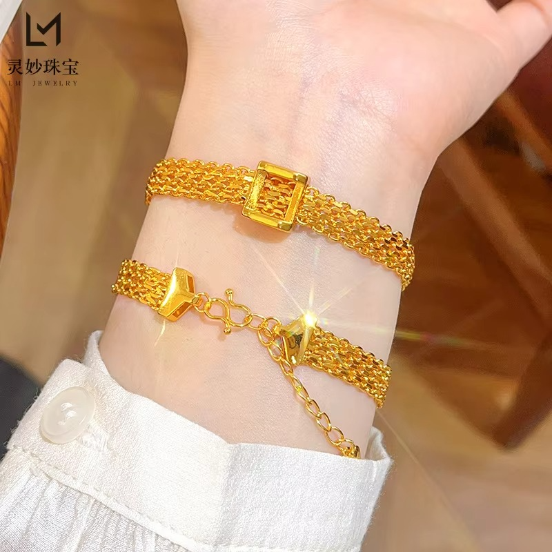9999 24K Real Gold Shop Same Style Women's Gold Bracelet Lace Square Strap Gift Luxury Beautiful Jewelry