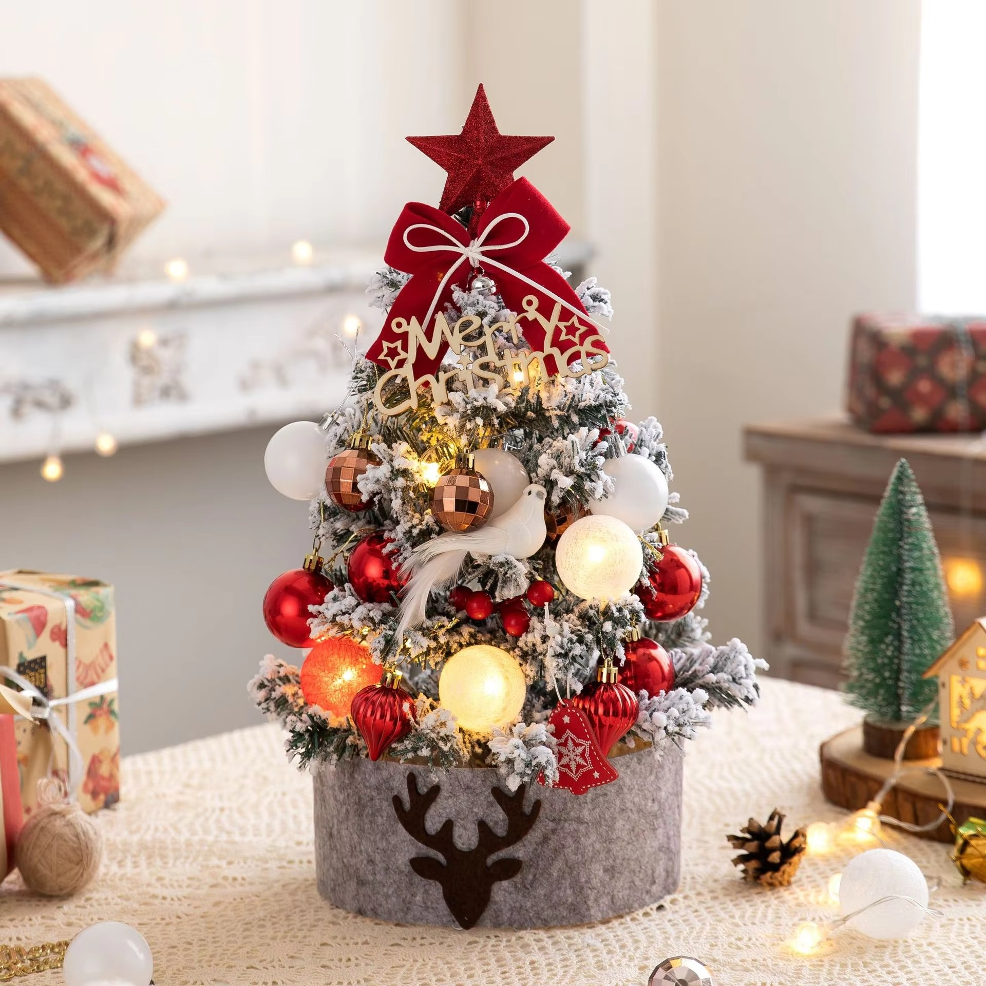 Desktop Mini Christmas Tree Set 60cm, Pink, with Lights, Flocked Christmas Decorations