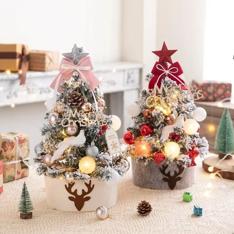 Desktop Mini Christmas Tree Set 60cm, Pink, with Lights, Flocked Christmas Decorations