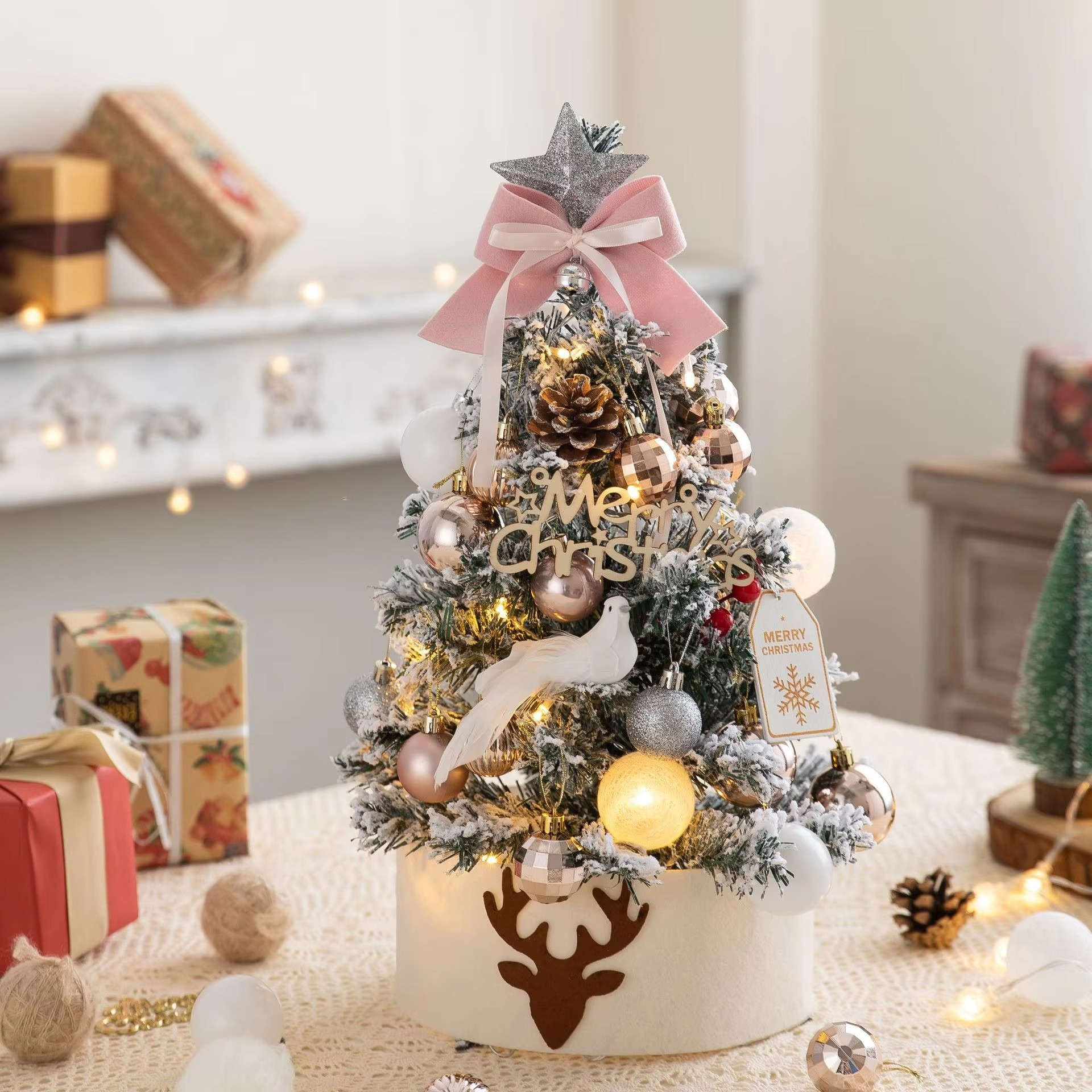 Desktop Mini Christmas Tree Set 60cm, Pink, with Lights, Flocked Christmas Decorations