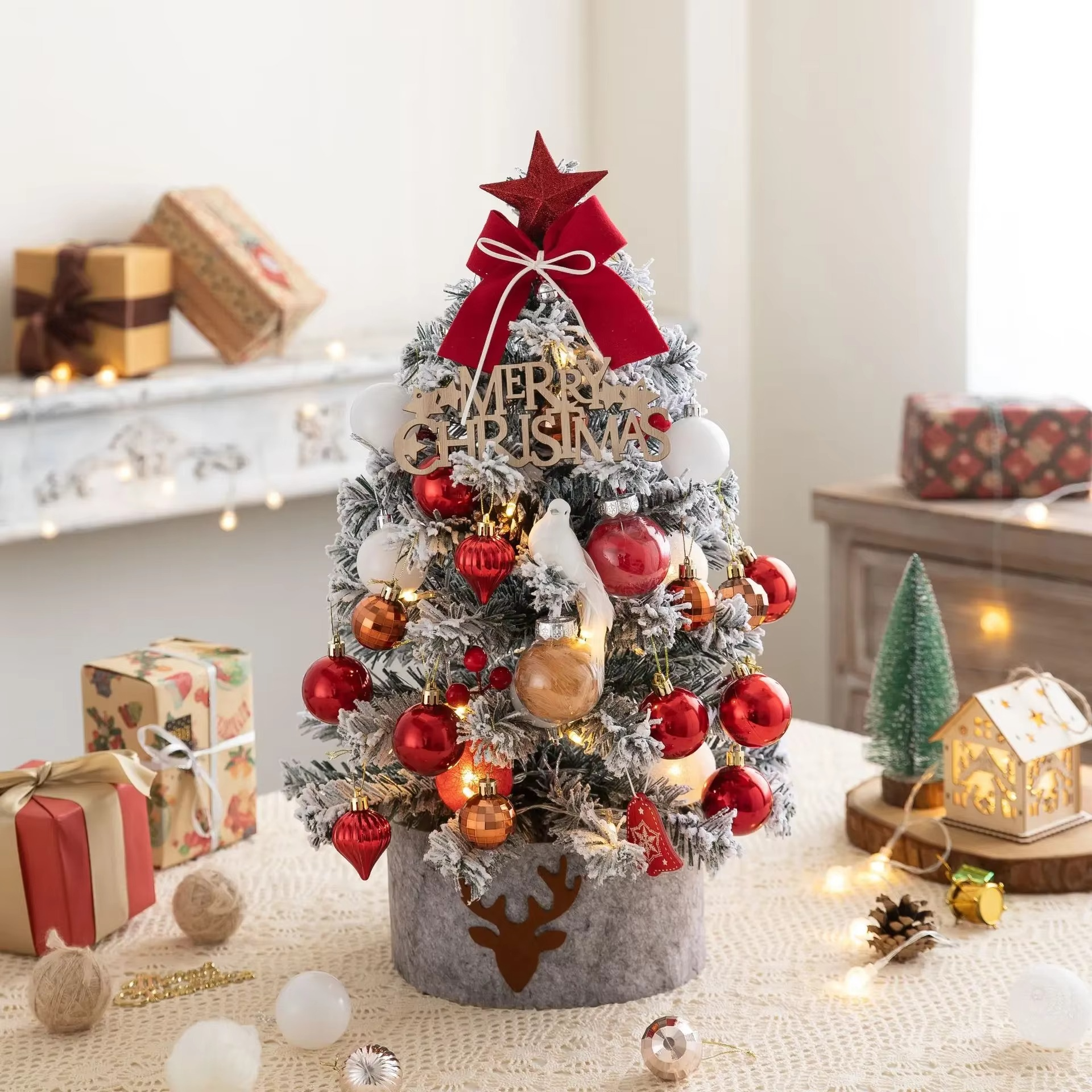 Desktop Mini Christmas Tree Set 60cm, Pink, with Lights, Flocked Christmas Decorations