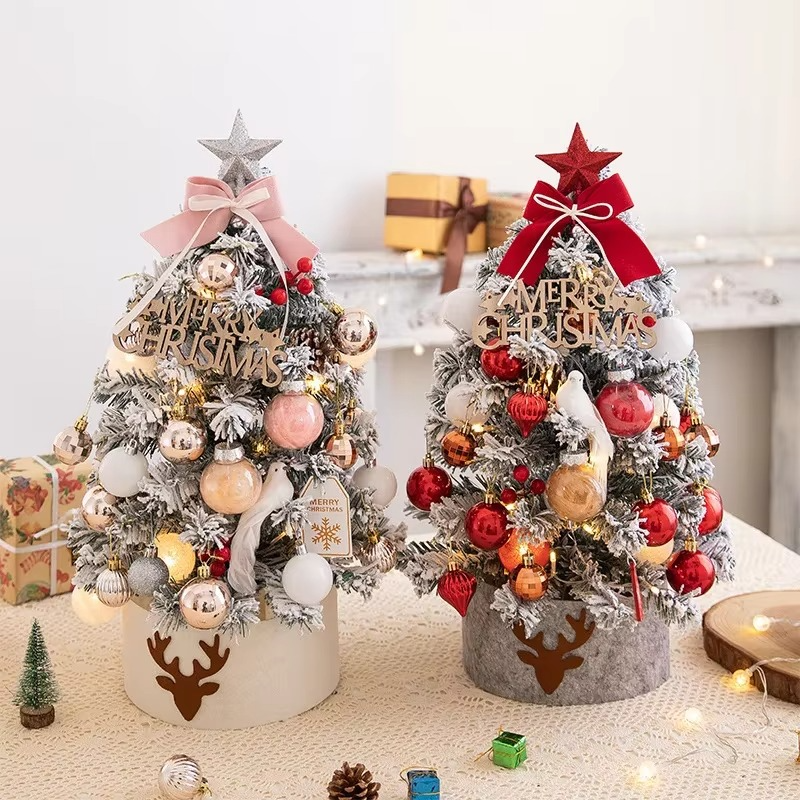 Desktop Mini Christmas Tree Set 60cm, Pink, with Lights, Flocked Christmas Decorations