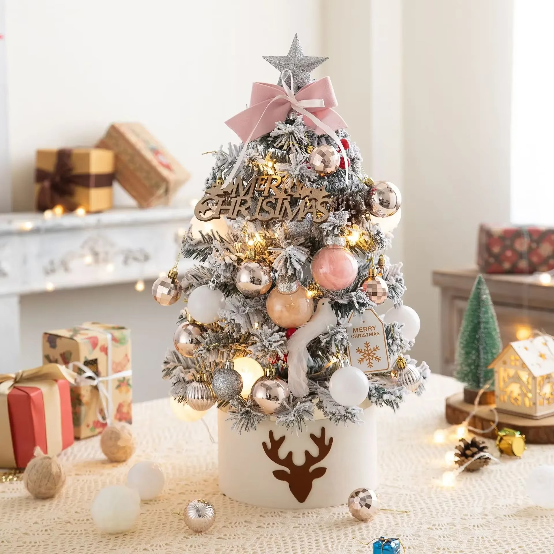 Desktop Mini Christmas Tree Set 60cm, Pink, with Lights, Flocked Christmas Decorations