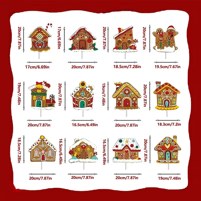 12 pieces of gingerbread house Christmas tree decoration plug-in plastic hollow board with pole Christmas atmosphere props, 2D