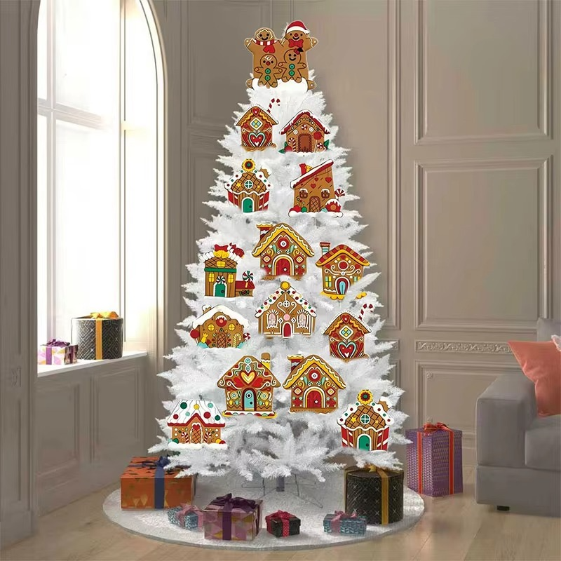 12 pieces of gingerbread house Christmas tree decoration plug-in plastic hollow board with pole Christmas atmosphere props, 2D