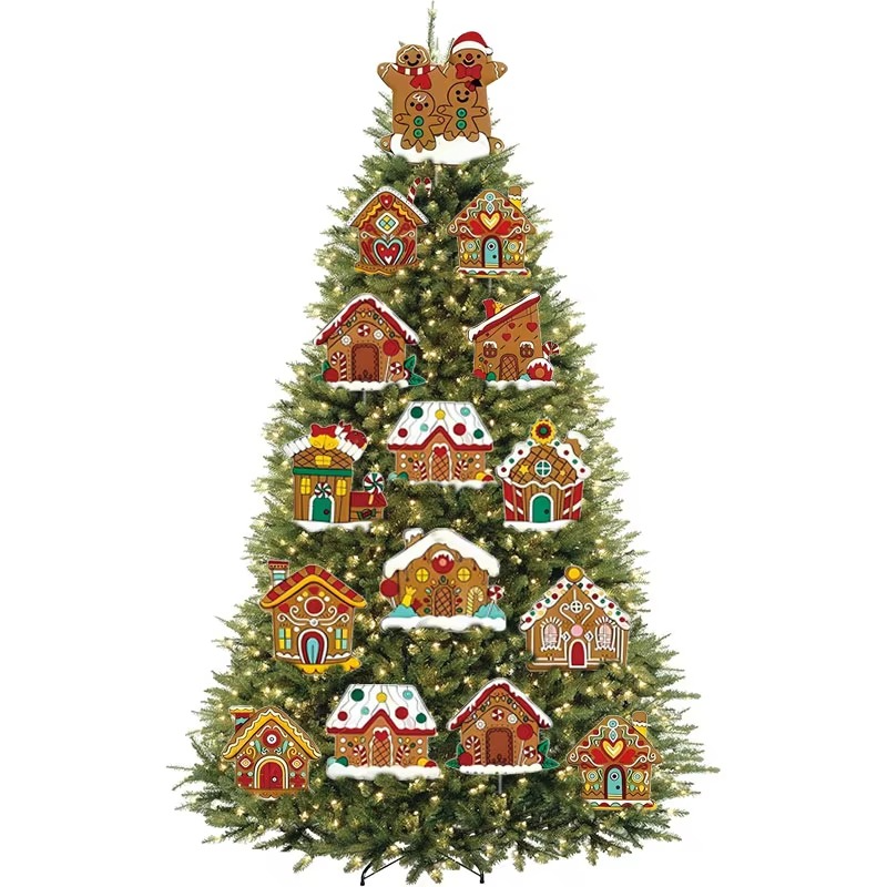 12 pieces of gingerbread house Christmas tree decoration plug-in plastic hollow board with pole Christmas atmosphere props, 2D