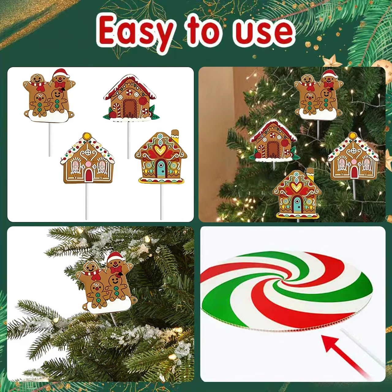 12 pieces of gingerbread house Christmas tree decoration plug-in plastic hollow board with pole Christmas atmosphere props, 2D