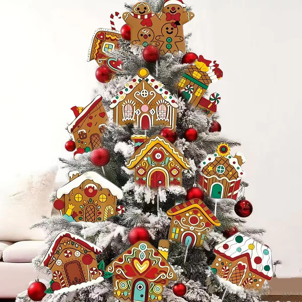 12 pieces of gingerbread house Christmas tree decoration plug-in plastic hollow board with pole Christmas atmosphere props, 2D
