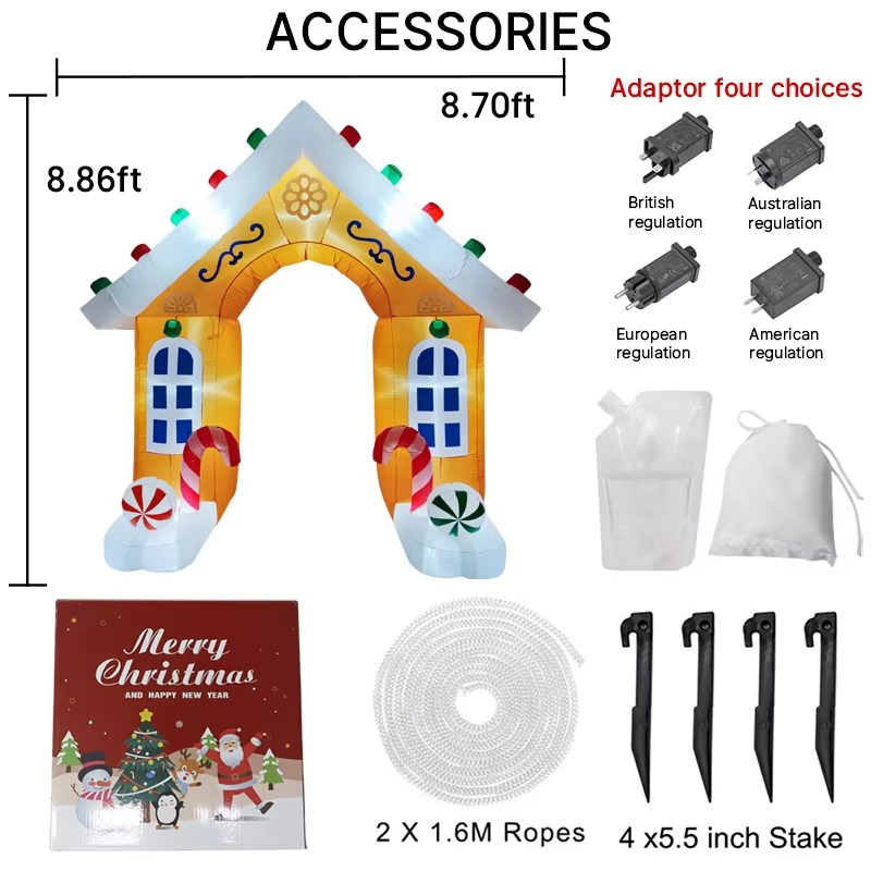 8.86FT Inflatable Christmas Gingerbread House Arch Toy LED Lit Festive Gift Xmas Supplies Home Ornament Yard Party Decoration