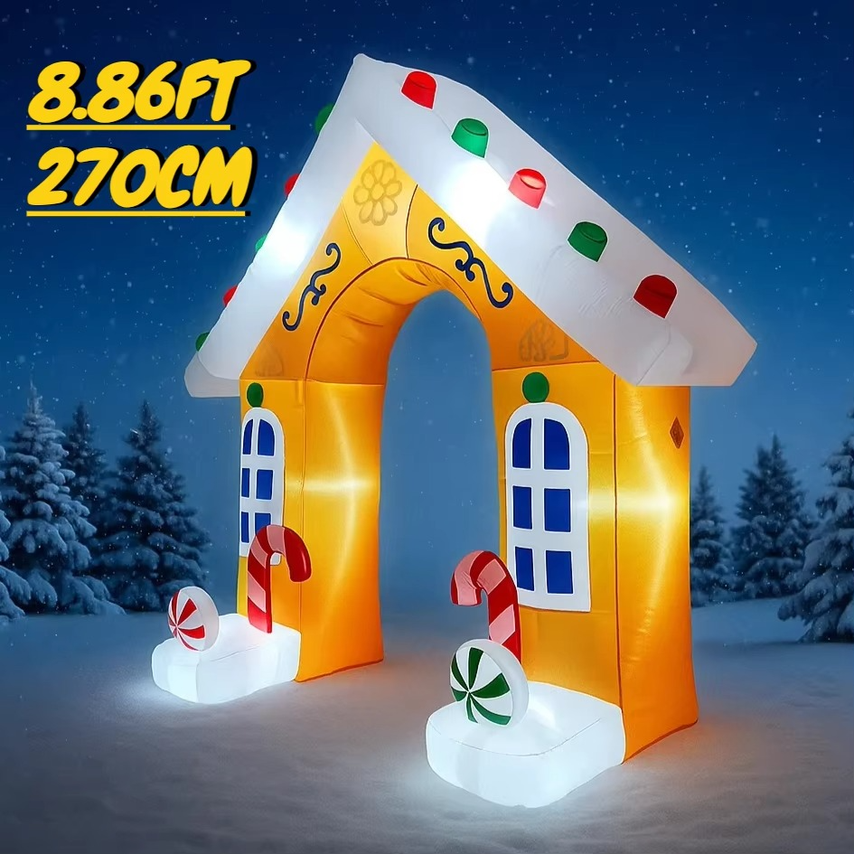 8.86FT Inflatable Christmas Gingerbread House Arch Toy LED Lit Festive Gift Xmas Supplies Home Ornament Yard Party Decoration