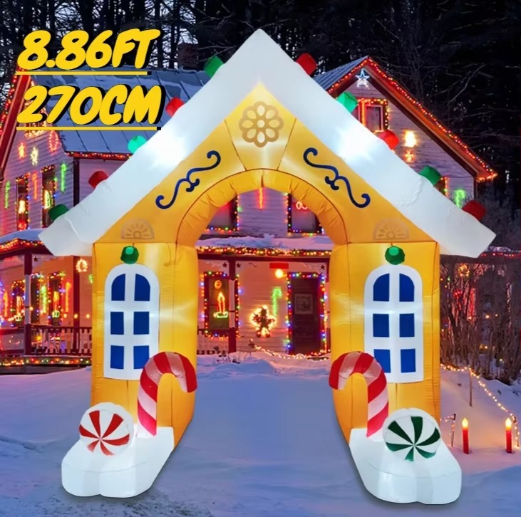 8.86FT Inflatable Christmas Gingerbread House Arch Toy LED Lit Festive Gift Xmas Supplies Home Ornament Yard Party Decoration
