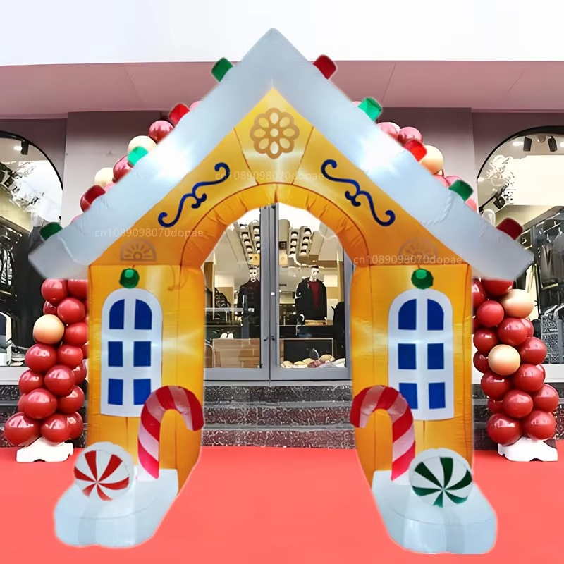 2.7M/9FT Christmas Inflatable Candy House Arch Built-in LED Light Indoor Outdoor Ornament Garden Fun Holiday Party Decorate Prop