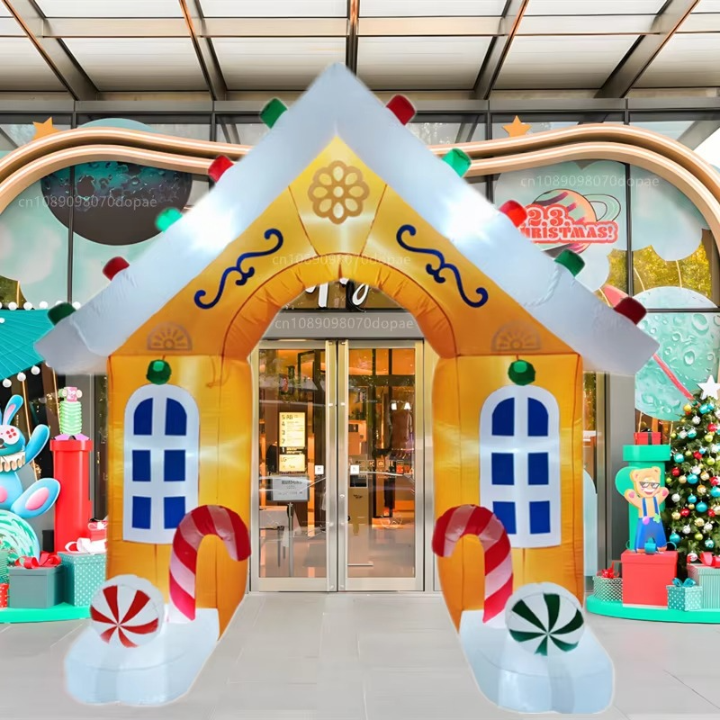 2.7M/9FT Christmas Inflatable Candy House Arch Built-in LED Light Indoor Outdoor Ornament Garden Fun Holiday Party Decorate Prop