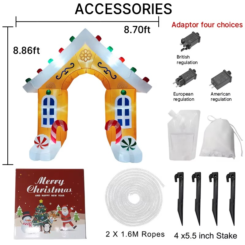 2.7M/9FT Christmas Inflatable Candy House Arch Built-in LED Light Indoor Outdoor Ornament Garden Fun Holiday Party Decorate Prop