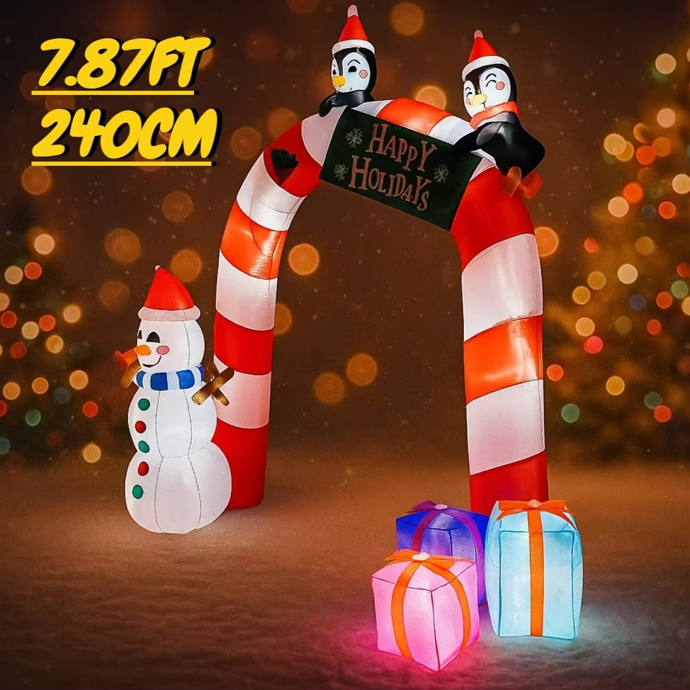 7.87FT Inflatable Christmas Arch Snowman Penguins Gift Toy LED Lit Xmas Supplie Home Ornament Yard Party Decoration Festive Gift