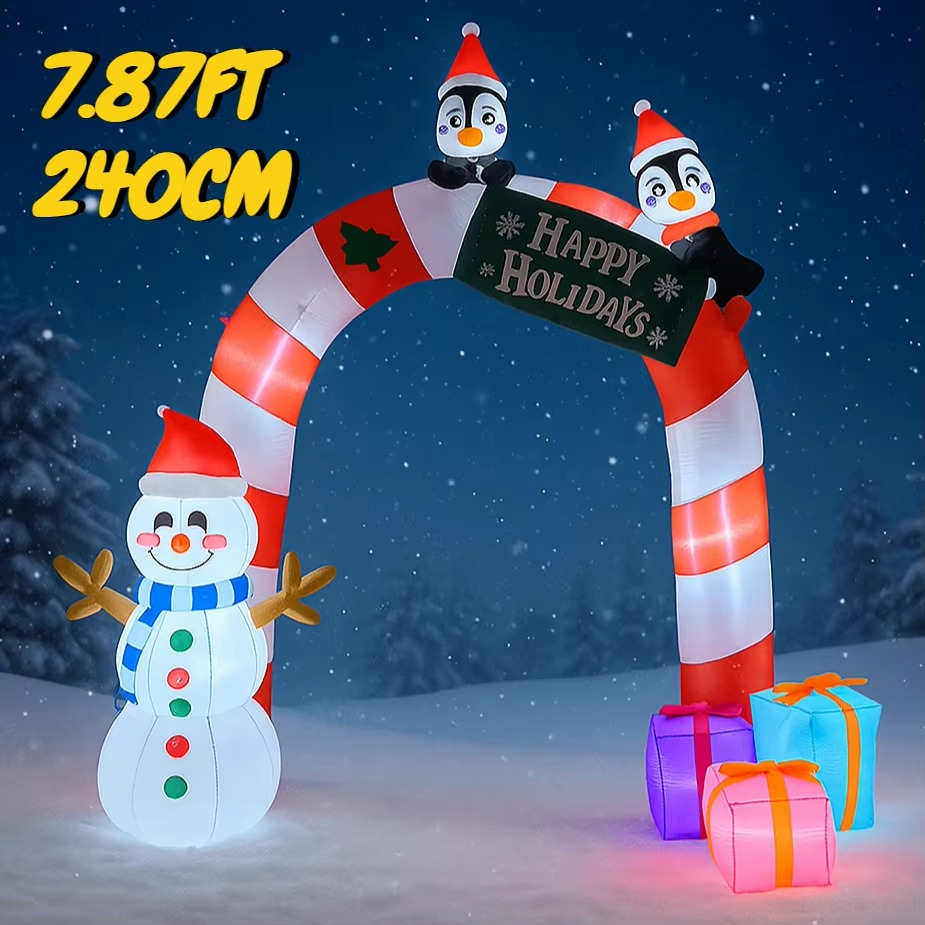 7.87FT Inflatable Christmas Arch Snowman Penguins Gift Toy LED Lit Xmas Supplie Home Ornament Yard Party Decoration Festive Gift
