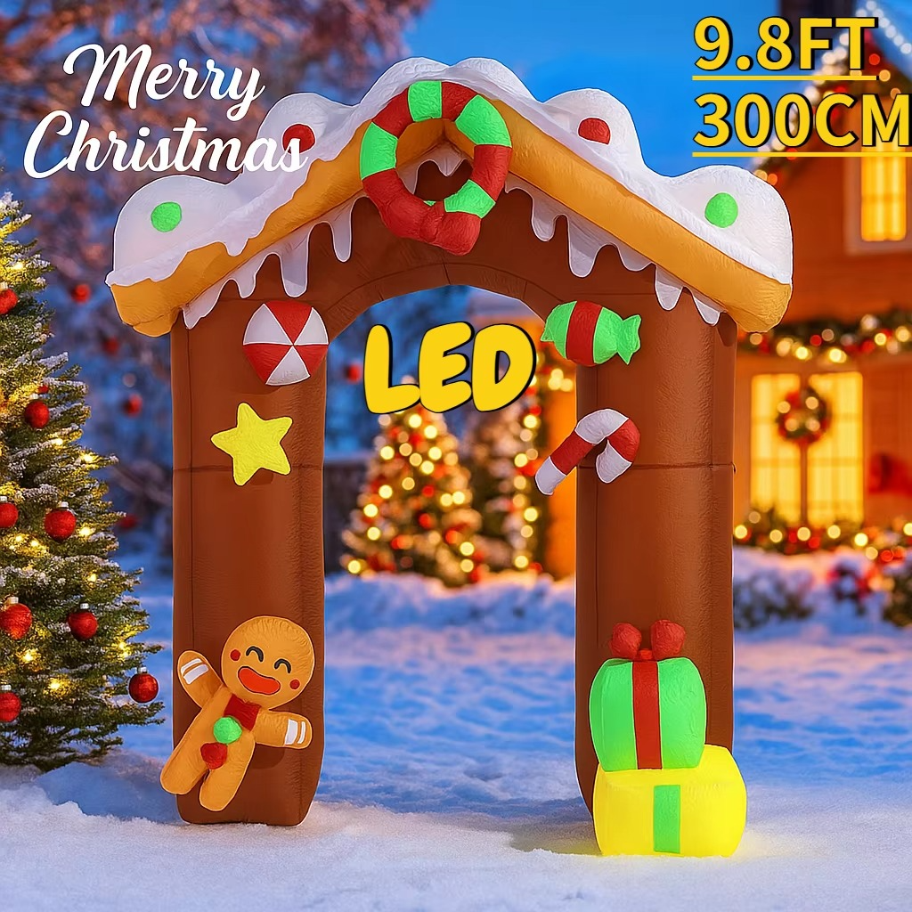 9.8FT Christmas Holiday Inflatable Toys Gingerbread House Arch LED Home Supplies Ornament Gifts Xmas Yard Lawn Party Decoration