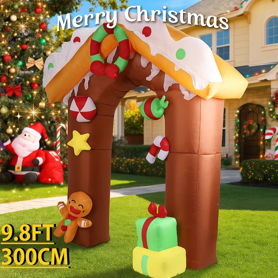 9.8FT Christmas Holiday Inflatable Toys Gingerbread House Arch LED Home Supplies Ornament Gifts Xmas Yard Lawn Party Decoration