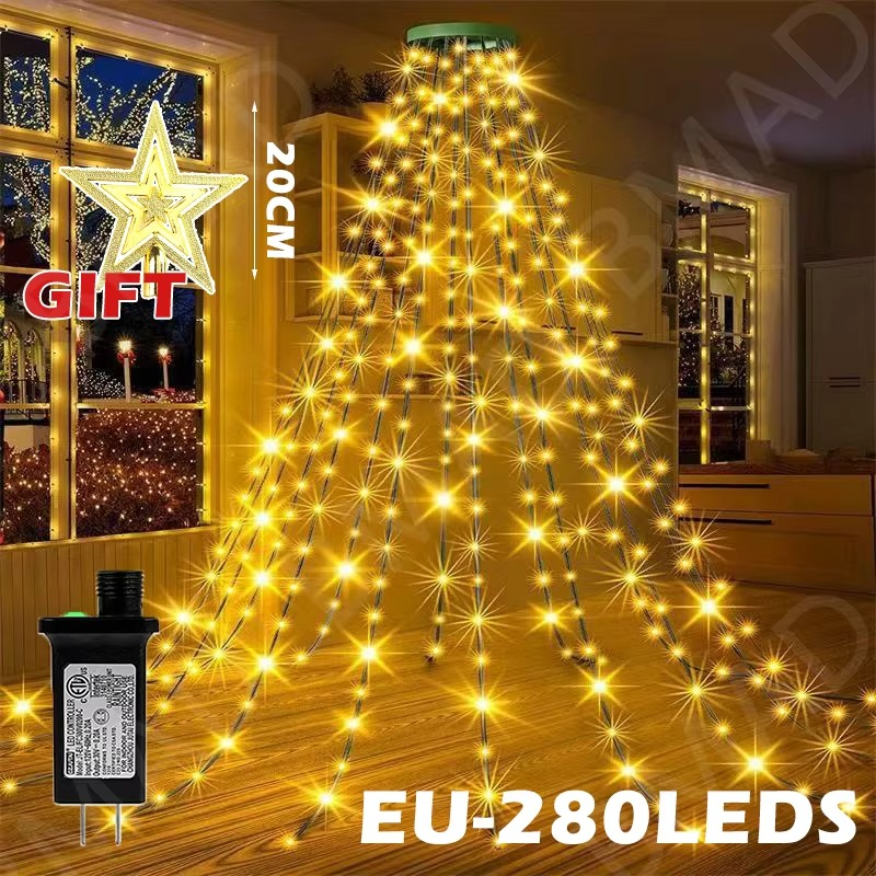 Christmas Tree Waterfall Lights LED Fairy String 8 Modes Timer with Star Topper for Garden Holiday Lighting Decorations