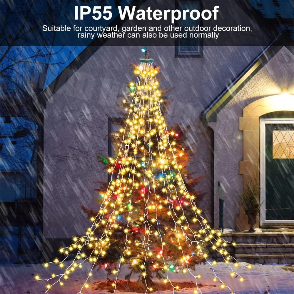 Christmas Tree Waterfall Lights LED Fairy String 8 Modes Timer with Star Topper for Garden Holiday Lighting Decorations