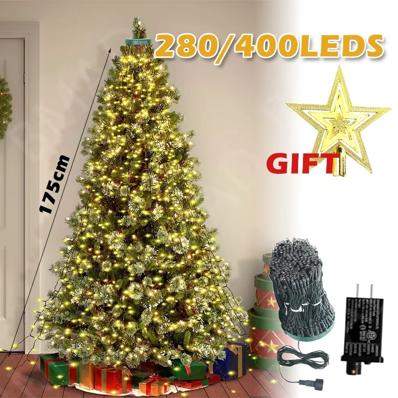 Christmas Tree Waterfall Lights LED Fairy String 8 Modes Timer with Star Topper for Garden Holiday Lighting Decorations