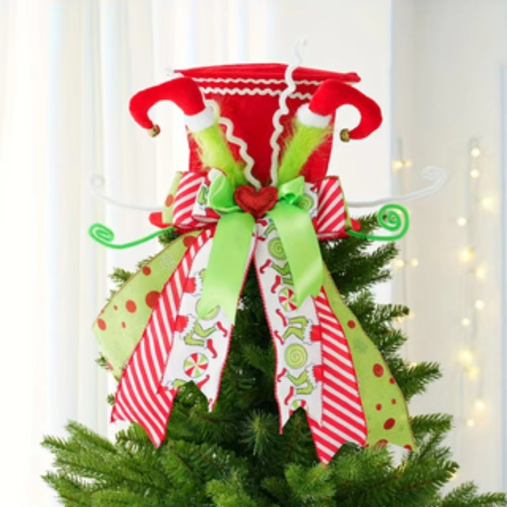 The new Christmas tree top hat decoration piece features a foldable and compressed bow ribbon in red and green, making it partic