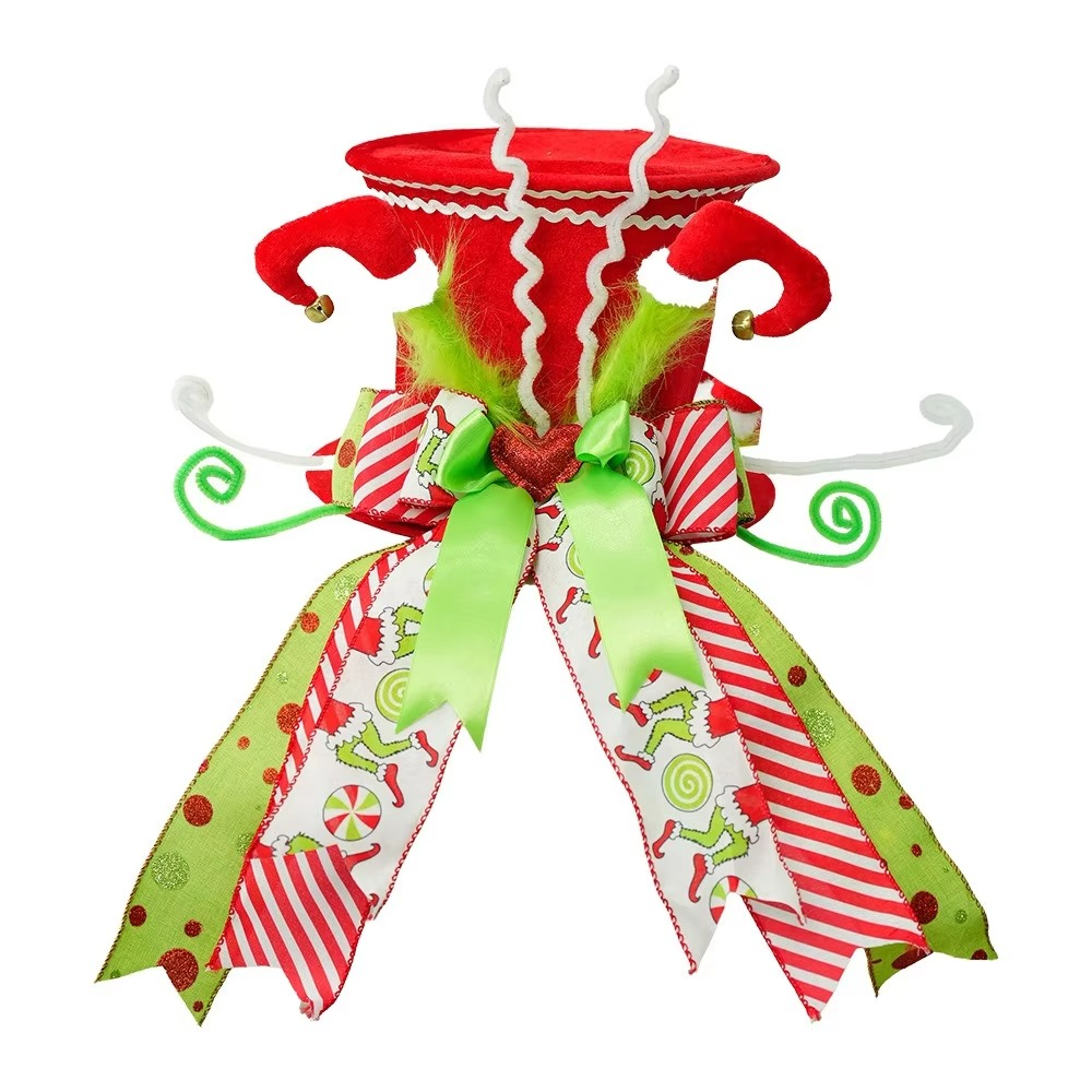 The new Christmas tree top hat decoration piece features a foldable and compressed bow ribbon in red and green, making it partic