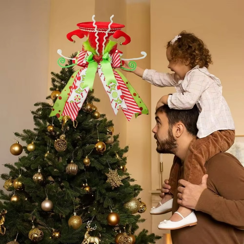 The new Christmas tree top hat decoration piece features a foldable and compressed bow ribbon in red and green, making it partic