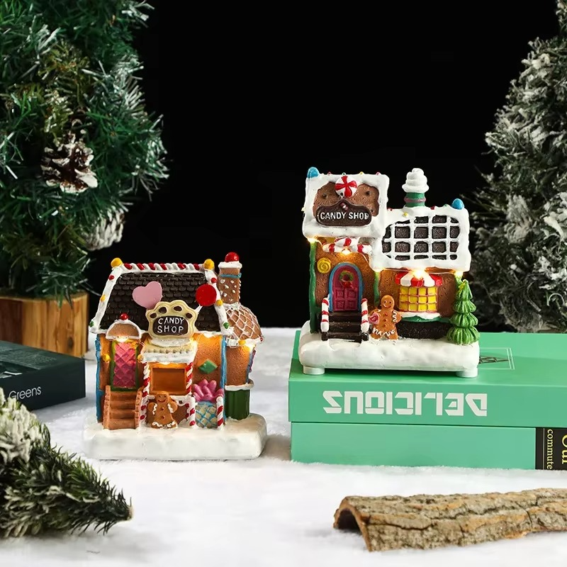 Christmas Tree Gingerbread Man House Ornaments with Light Christmas Desktop Decorations New Year Gifts Festival Party Supplies