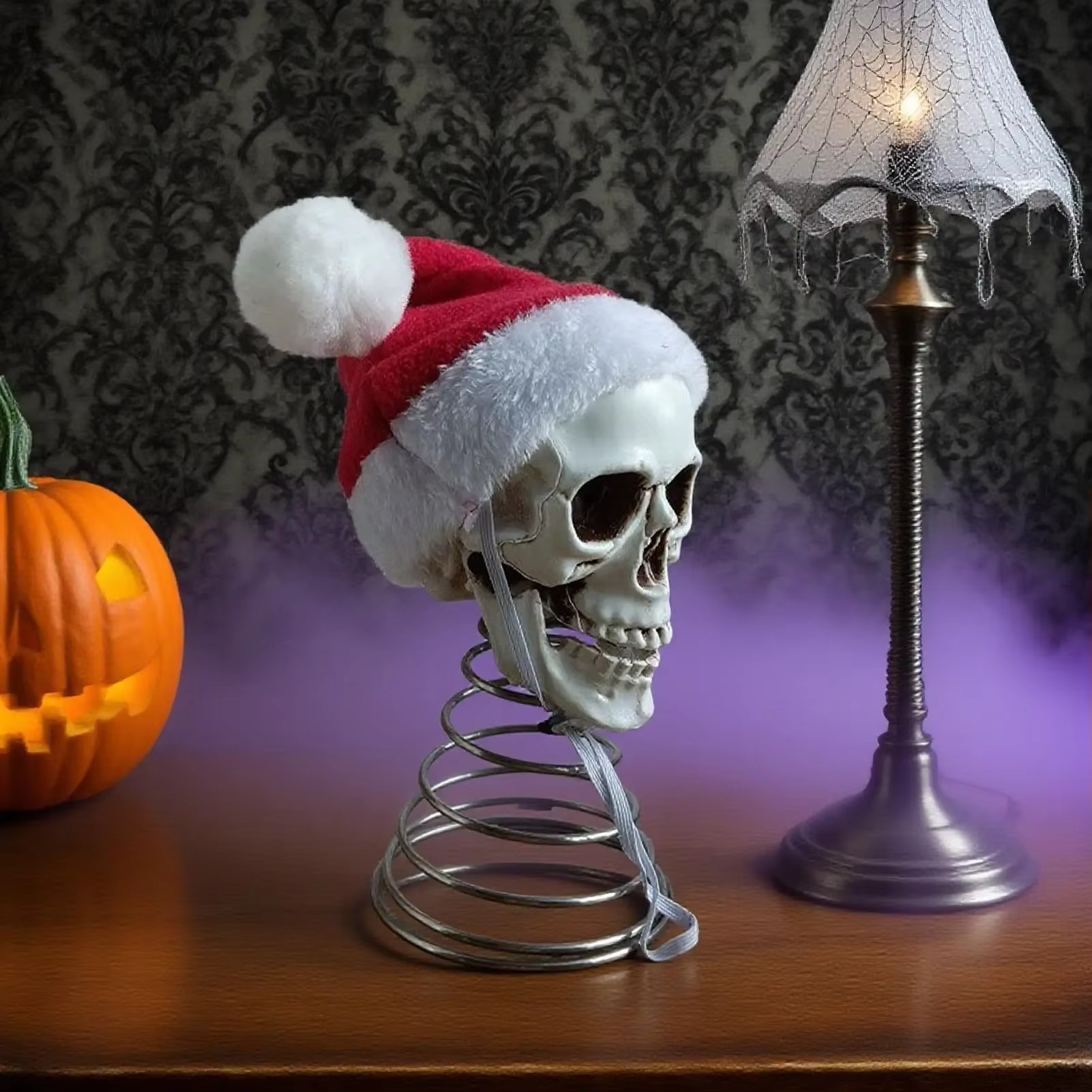 5 Inch Christmas Tree Topper Skull with Santa Hat Halloween Tree Spooky Decorations Holiday Plastic Skeleton Ornaments