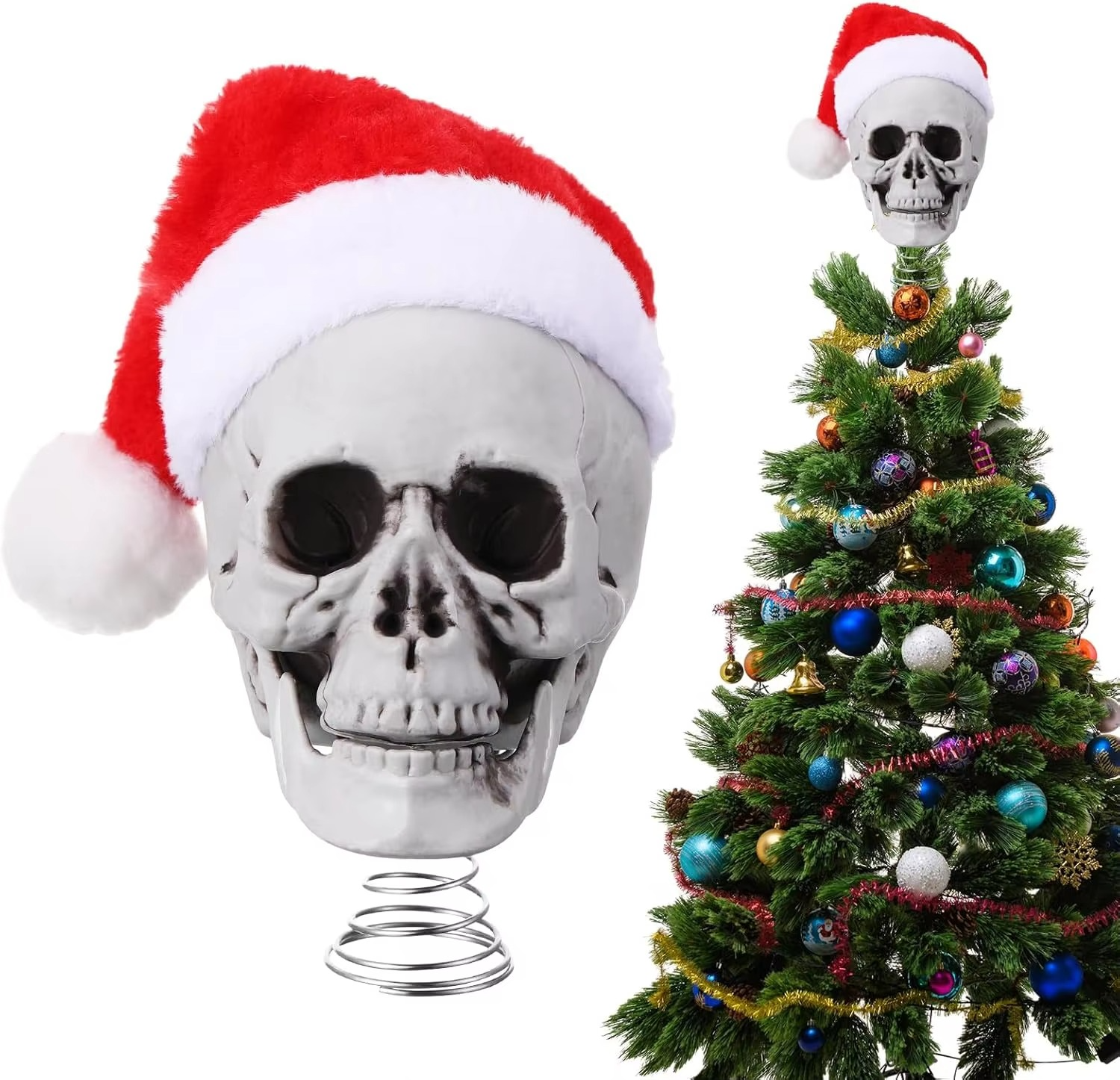 5 Inch Christmas Tree Topper Skull with Santa Hat Halloween Tree Spooky Decorations Holiday Plastic Skeleton Ornaments