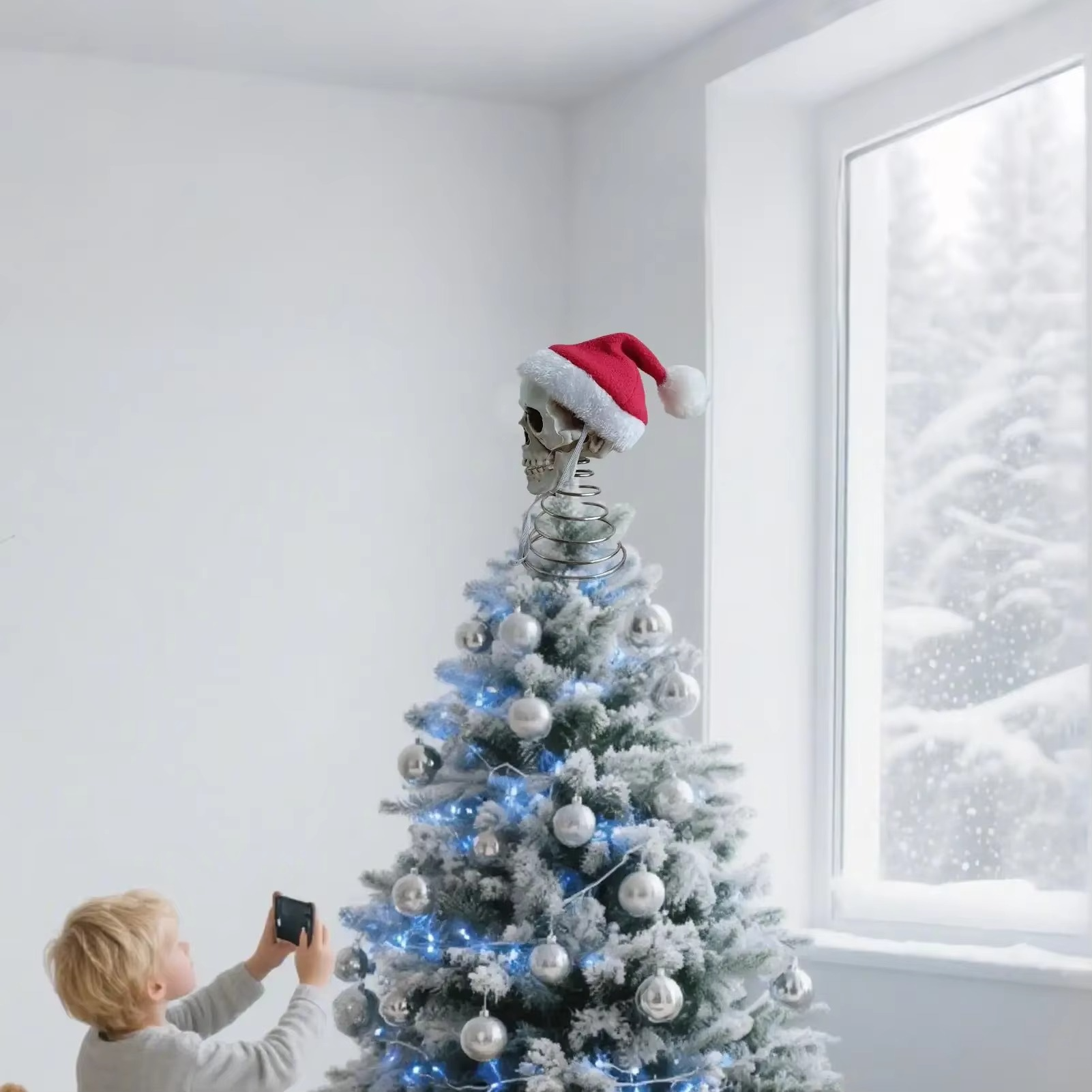 5 Inch Christmas Tree Topper Skull with Santa Hat Halloween Tree Spooky Decorations Holiday Plastic Skeleton Ornaments