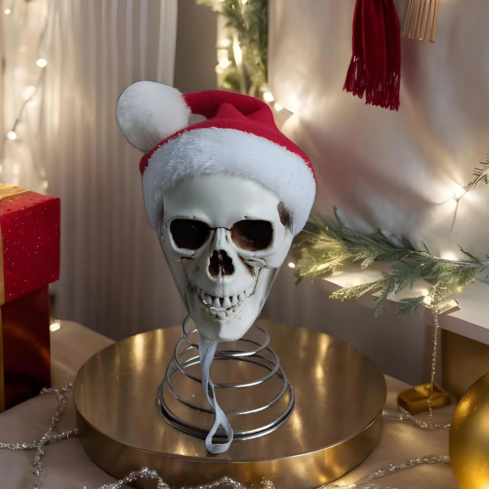 5 Inch Christmas Tree Topper Skull with Santa Hat Halloween Tree Spooky Decorations Holiday Plastic Skeleton Ornaments