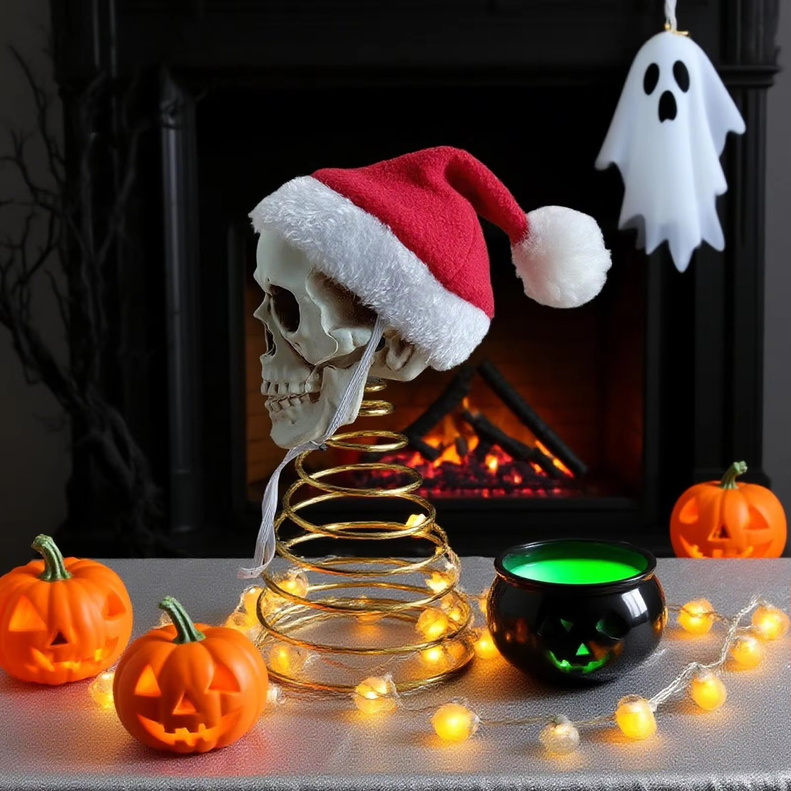 5 Inch Christmas Tree Topper Skull with Santa Hat Halloween Tree Spooky Decorations Holiday Plastic Skeleton Ornaments